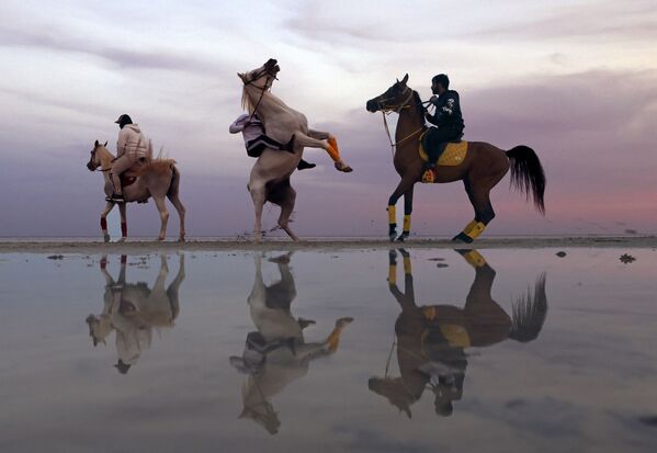 Habitantes de Emirados Árabes Unidos montam a cavalo ao pôr do sol em Abu Dhabi. - Sputnik Brasil