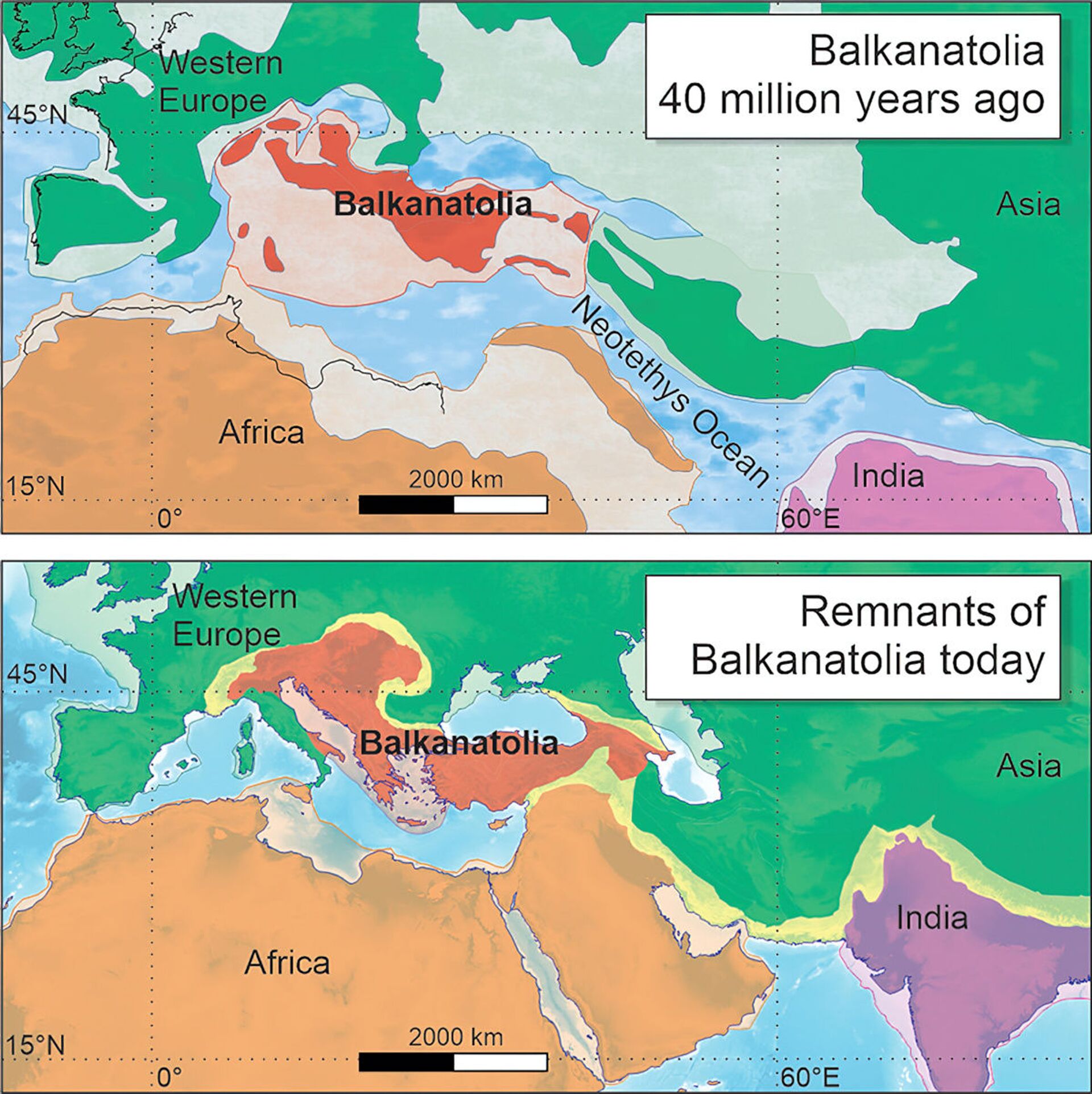 Área que ocupava Balcanatólia há 40 milhões de anos (acima). Restos do continente atualmente (abaixo) - Sputnik Brasil, 1920, 23.02.2022