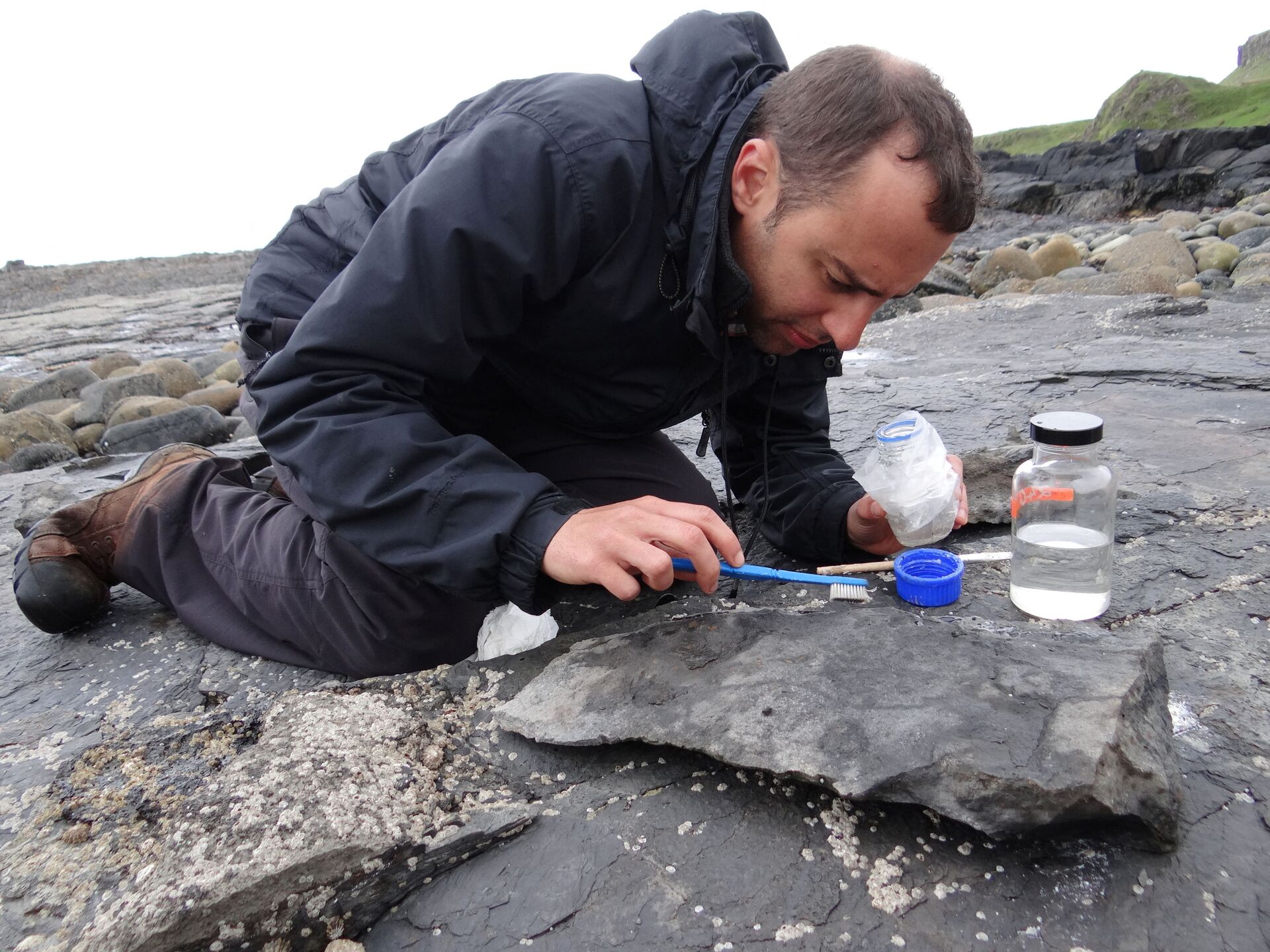 O paleontólogo da Universidade de Edimburgo, Steve Brusatte, trabalha para conservar parte do fóssil do pterossauro na praia rochosa na Ilha de Skye, na Escócia, maio de 2017 - Sputnik Brasil, 1920, 23.02.2022