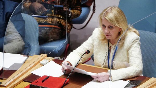 Em Nova York, nos EUA, a diretora-executiva da UNICEF, Catherine Russell, discursa durante encontro do Conselho de Segurança da Organização das Nações Unidas (ONU), em 7 de março de 2022 - Sputnik Brasil