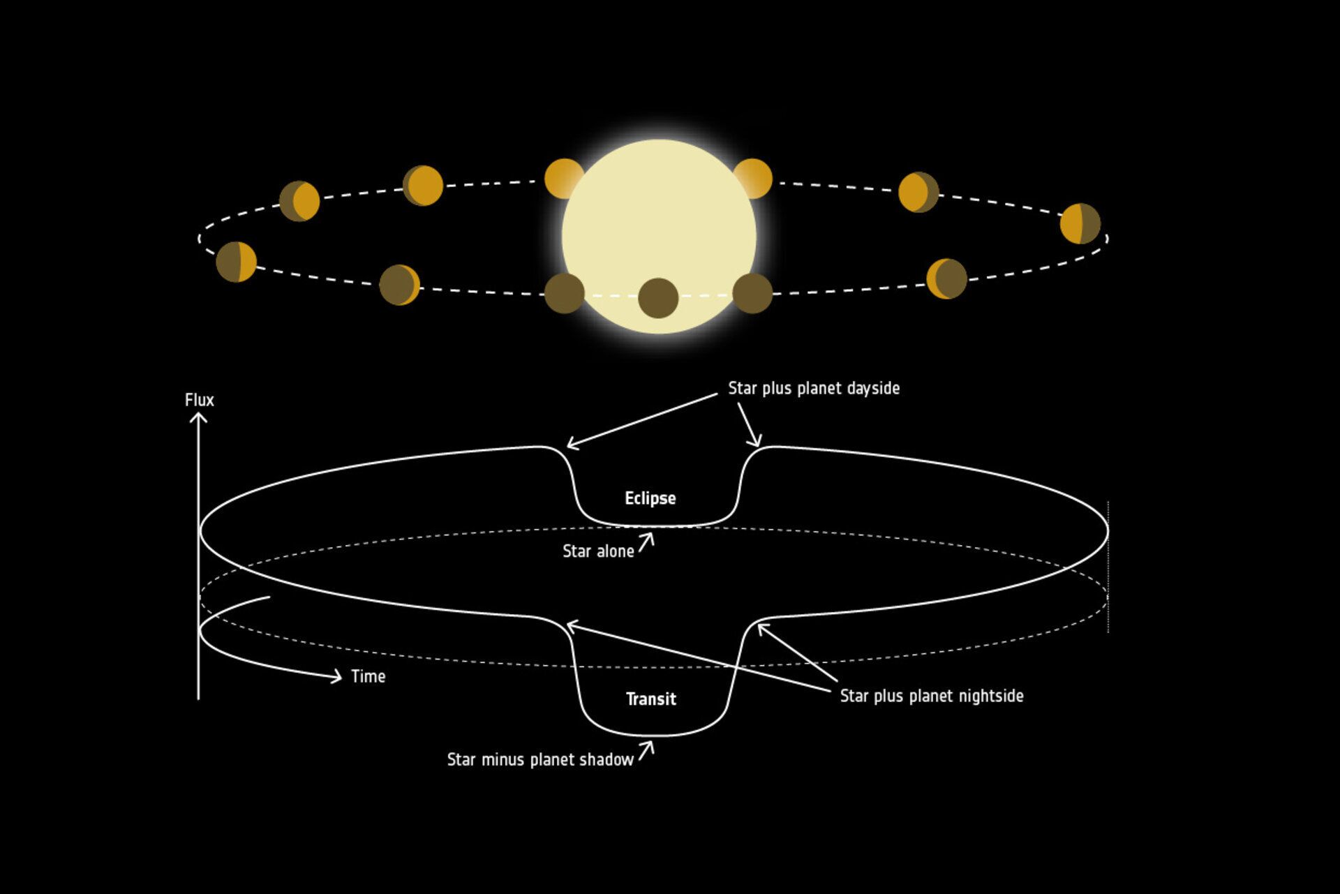 O método da curva de fase para estudar planetas extra-solares, ou exoplanetas, visa compreender a posição de um planeta em relação à sua estrela hospedeira, observando a luz total coletada por um telescópio para incluir uma fração variável de luz refletida do planeta, de maneira semelhante a como experimentamos as fases da Lua - Sputnik Brasil, 1920, 17.03.2022