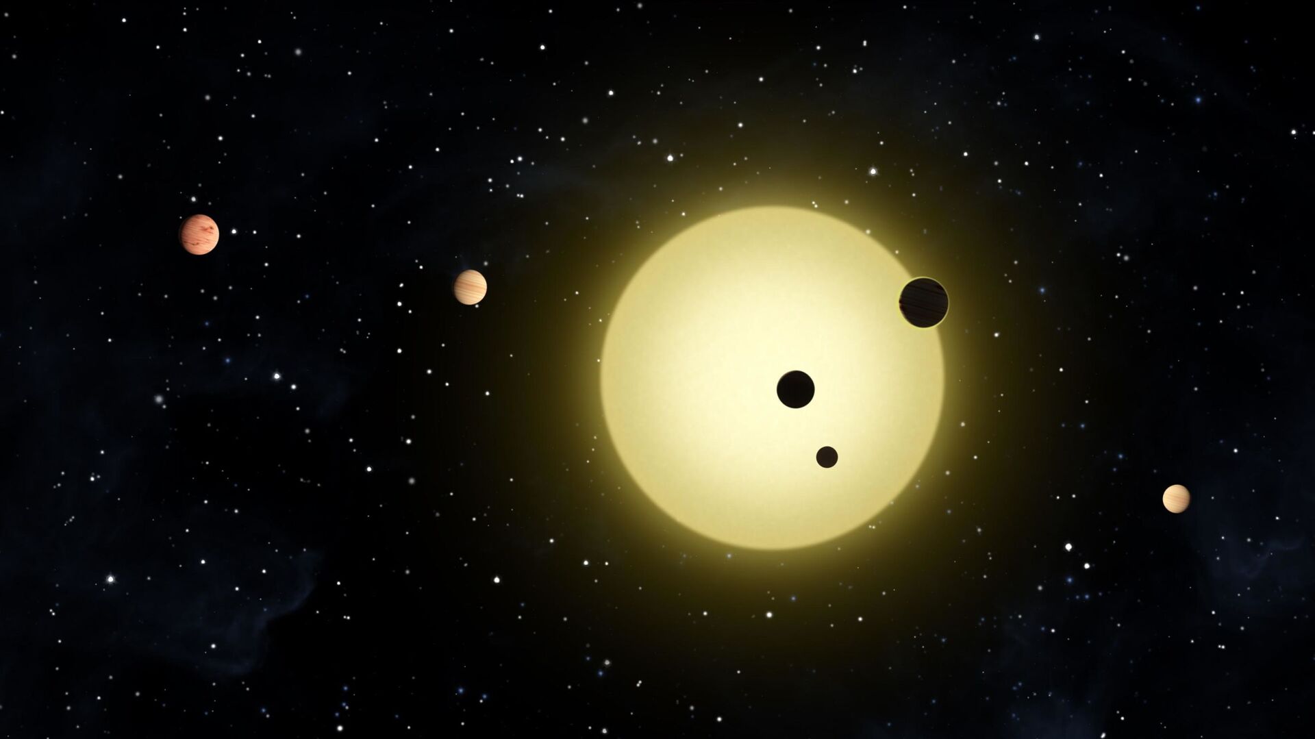 Kepler-11 é uma estrela parecida com o Sol em torno da qual orbitam seis planetas. Às vezes, dois ou mais planetas passam na frente da estrela ao mesmo tempo, como mostrado na concepção deste artista, em que três planetas foram observados pela espaçonave Kepler da NASA, 26 de agosto de 2010 - Sputnik Brasil, 1920, 17.03.2022