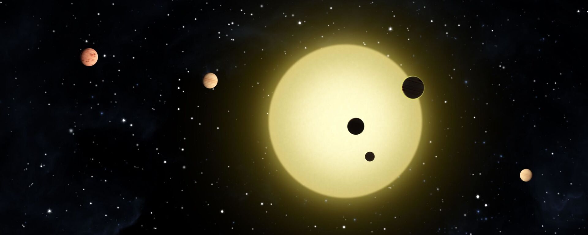 Kepler-11 é uma estrela parecida com o Sol em torno da qual orbitam seis planetas. Às vezes, dois ou mais planetas passam na frente da estrela ao mesmo tempo, como mostrado na concepção deste artista, em que três planetas foram observados pela espaçonave Kepler da NASA, 26 de agosto de 2010 - Sputnik Brasil, 1920, 11.05.2023