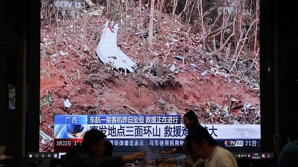 Vista do local com destroços do Boeing que caiu no leste da China, na reportagem na televisão em um dos restaurantes em Pequim, 22 de março de 2022 - Sputnik Brasil