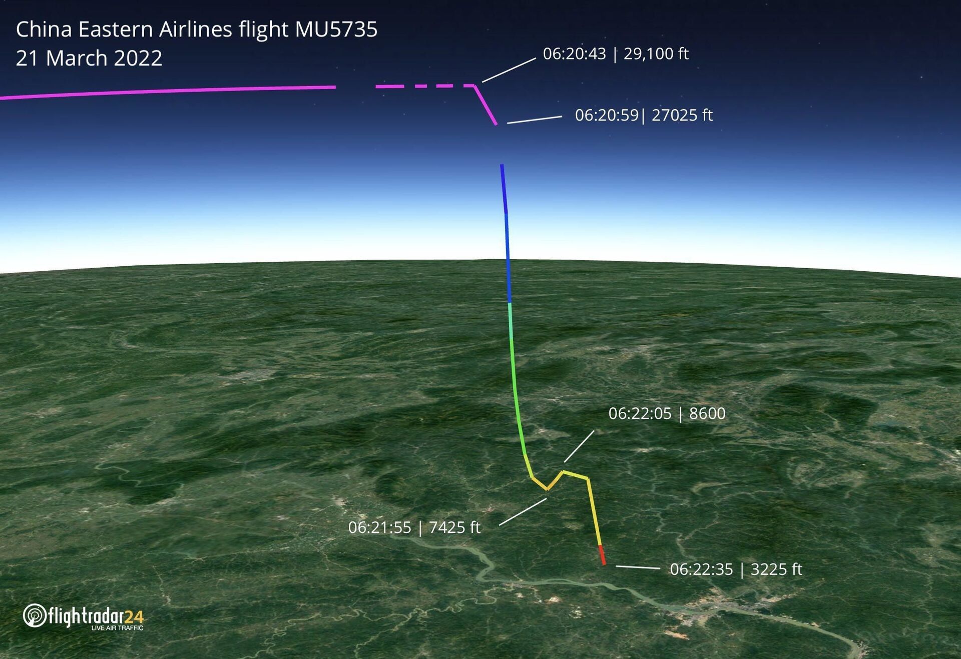 Gráfico em 3D demonstrando a queda do avião Boeing 737 do voo MU5735 da companhia aérea China Eastern - Sputnik Brasil, 1920, 23.03.2022