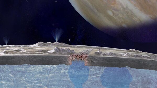 Interpretação artística da aguá chegando na superfície da lua Europa - Sputnik Brasil