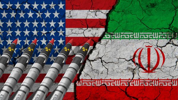 Mísseis balísticos com bandeiras dos EUA e do Irã ao fundo - Sputnik Brasil