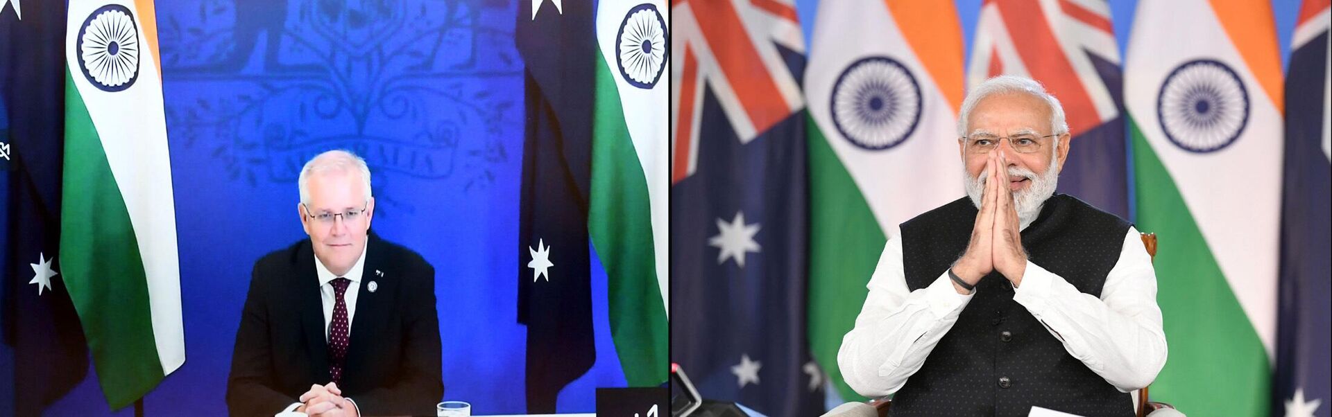 Fotografia combinada, divulgada pela assessoria de imprensa da Índia, mostrando o primeiro-ministro australiano Scott Morrison, à esquerda, e o primeiro-ministro indiano Narendra Modi, em cúpula virtual, 21 de março de 2022 - Sputnik Brasil, 1920, 02.04.2022