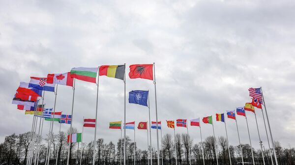 Bandeiras dos países-membros da Organização do Tratado do Atlântico Norte (OTAN) tremulam ao vento do lado de fora da sede da aliança em Bruxelas, 22 de fevereiro de 2022 - Sputnik Brasil