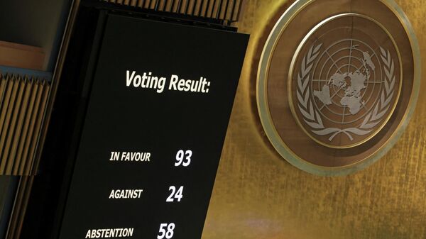 Placar exibe resultados de votação sobre a suspensão da Rússia do Conselho de Direitos Humanos das Nações Unidas, na sede da ONU em Nova York, EUA, 7 de abril de 2022 - Sputnik Brasil