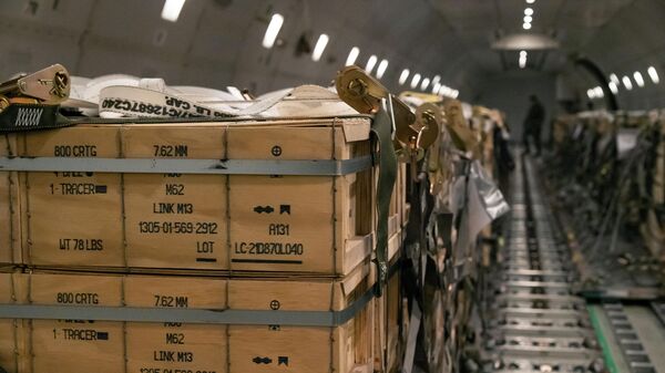 Paletes de munição, armas e outros equipamentos com destino à Ucrânia são carregados em avião por membros do 436º Esquadrão Aéreo do Porto durante uma missão de vendas militares estrangeiras na Base Aérea de Dover, no estado norte-americano de Delaware, em 30 de janeiro de 2022 - Sputnik Brasil