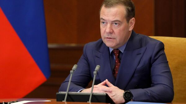 Dmitry Medvedev, vice-presidente do Conselho de Segurança da Rússia, durante videoconferência da organização em 18 de março de 2022 (foto de arquivo) - Sputnik Brasil