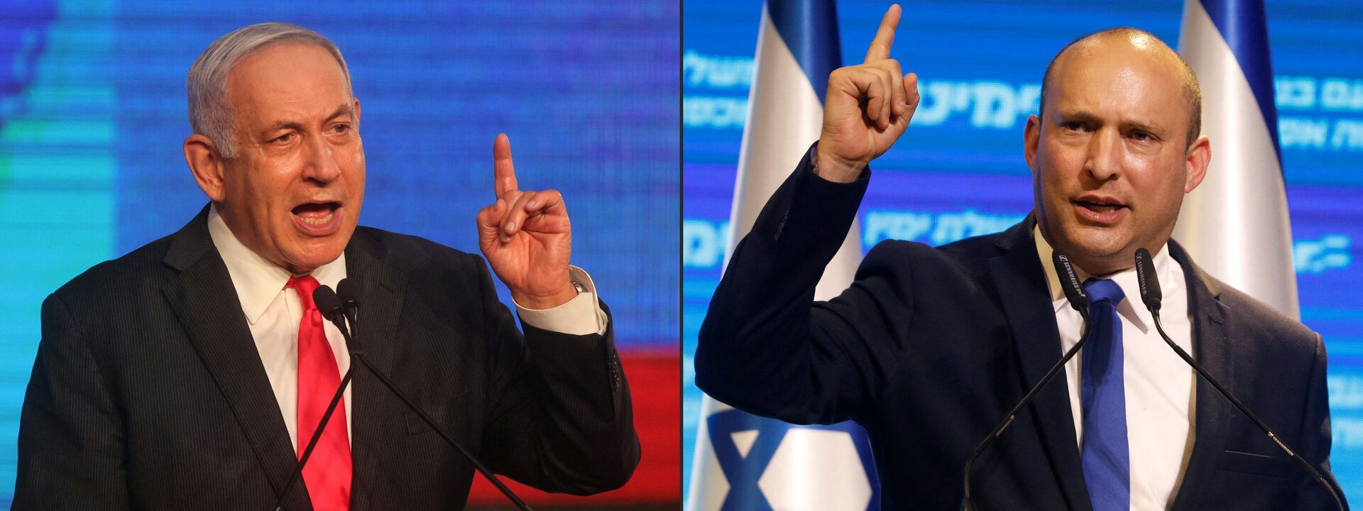 Combinação de fotos mostra o ex-primeiro-ministro israelense, Benjamin Netanyahu, se dirigindo a apoiadores na sede da campanha do partido em Jerusalém e Naftali Bennett, atual premiês, discursando para apoiadores, ambos em Tel Aviv - Sputnik Brasil, 1920, 19.04.2022