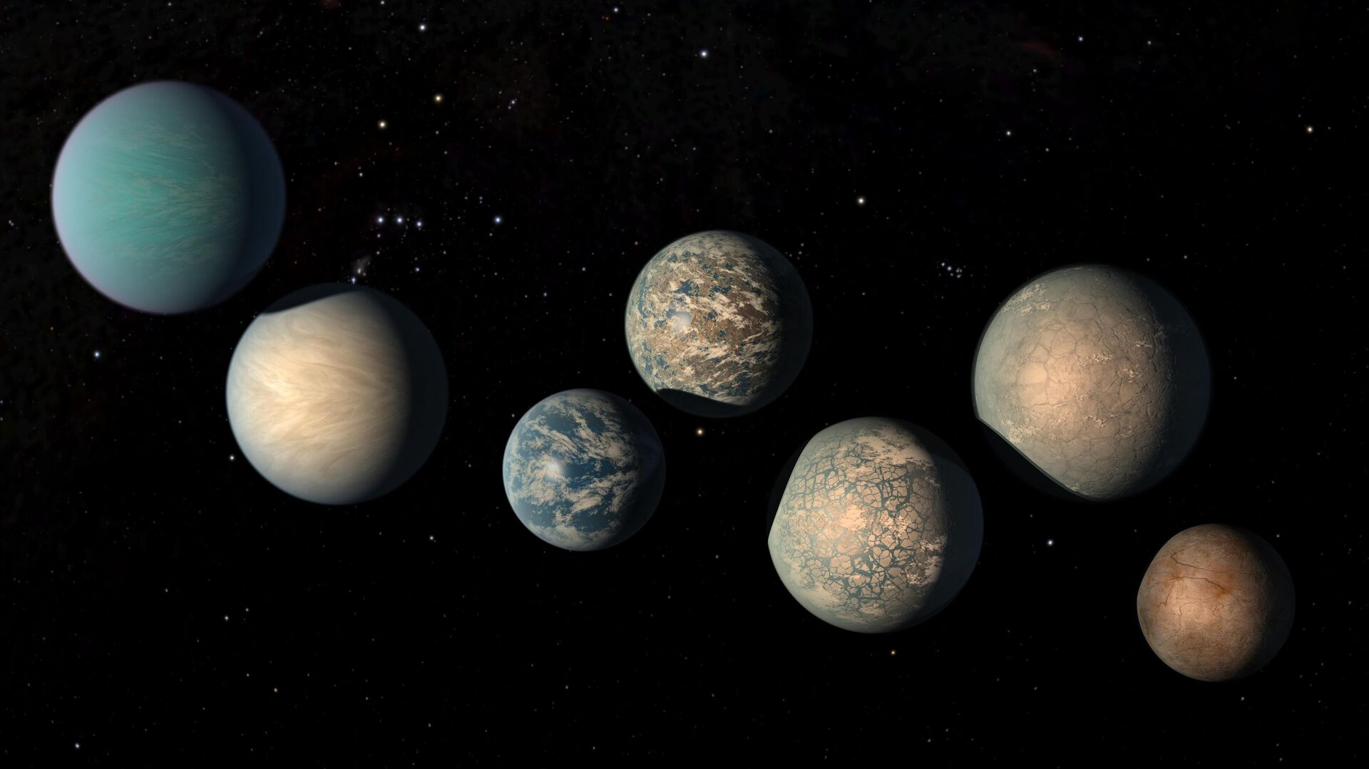 Interpretação artística dos sete planetas do sistema TRAPPIST-1 - Sputnik Brasil, 1920, 19.04.2022