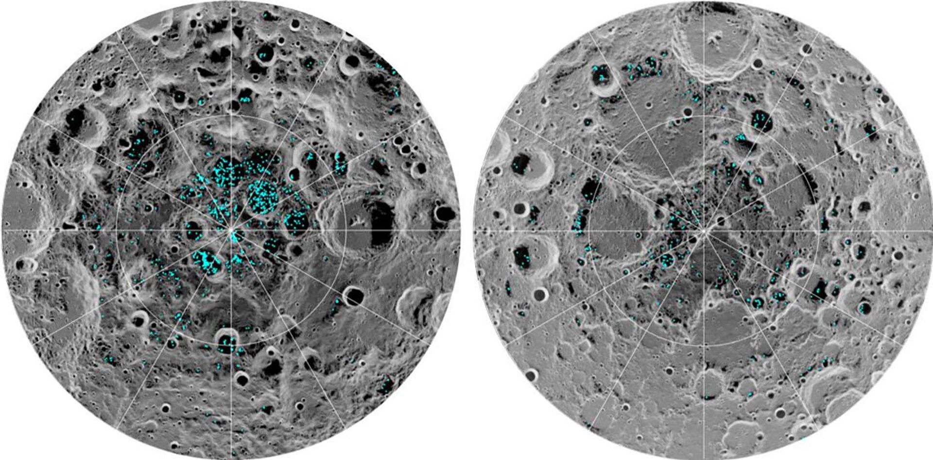 A imagem mostra a distribuição do gelo da superfície no polo sul da lua (esquerda) e polo norte (direita), detectado pelo instrumento Moon Mineralogy Mapper da NASA, em 2009. O azul representa os locais de gelo e a escala de cinza corresponde à temperatura da superfície - Sputnik Brasil, 1920, 28.04.2022