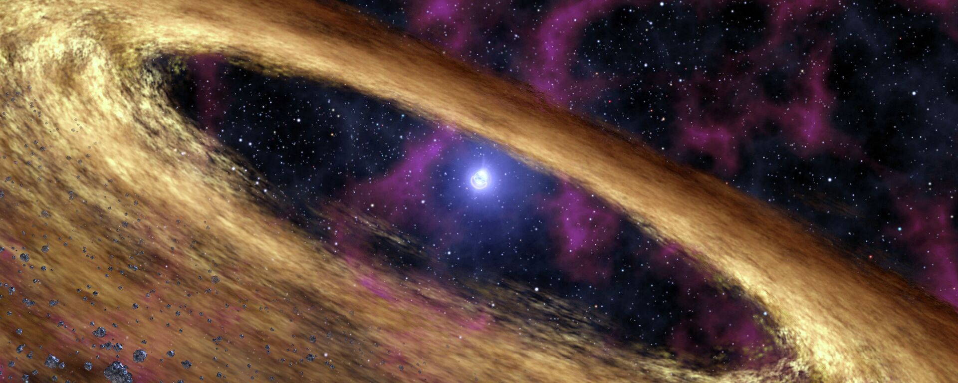 Uma representação artística mostra uma estrela morta chamada pulsar, no centro, e o disco circundante de escombros, descoberto pelo Telescópio Espacial Spitzer da NASA - Sputnik Brasil, 1920, 05.05.2022