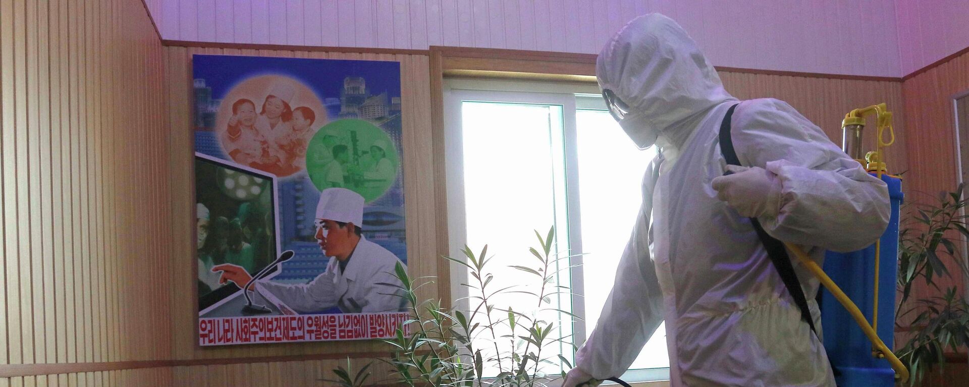 Nesta foto de arquivo de 5 de fevereiro de 2021, um funcionário do Centro de Higiene e Antiepidemia no distrito de Phyongchon desinfeta o corredor de um prédio em Pyongyang, na Coreia do Norte - Sputnik Brasil, 1920, 01.07.2022