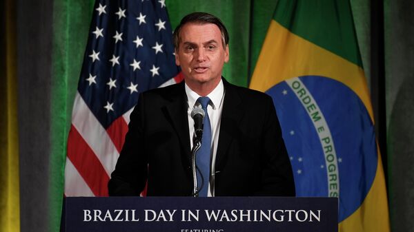 O presidente brasileiro, Jair Bolsonaro, discursa durante evento da Câmara de Comércio Brasil–Estados Unidos, em Washington, 18 de março de 2019 - Sputnik Brasil