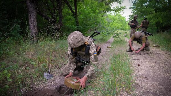 Soldados ucranianos instalam minas antitanque na floresta, Ucrânia, 14 de junho de 2022 - Sputnik Brasil