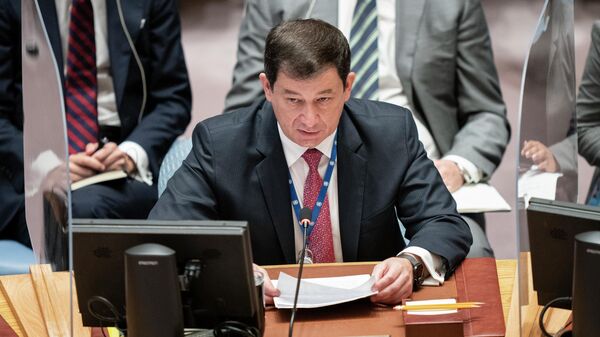 Dmitry Polyanskiy, primeiro vice-representante permanente da Rússia na Organização das Nações Unidas (ONU), durante reunião do Conselho de Segurança da ONU, em 23 de setembro de 2021 - Sputnik Brasil