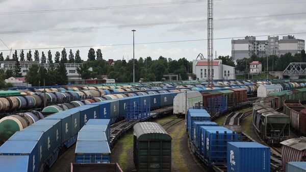 A vista mostra a estação ferroviária Kaliningrado Sortirovochny (Sorting) cheia de trens de carga em Kaliningrado, Rússia, 22 de junho de 2022 - Sputnik Brasil
