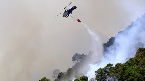 Helicóptero lança água, enquanto um incêndio avança perto de uma área residencial em Alhaurin de la Torre, Málaga - Sputnik Brasil