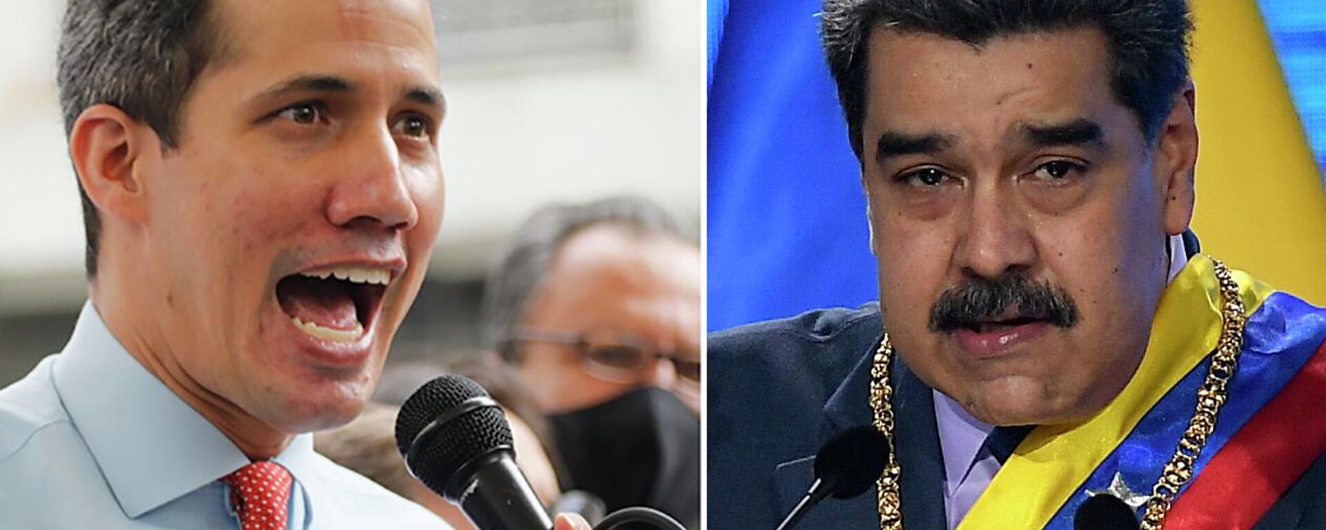 Contraposição de Juan Guaidó, autoproclamado presidente interino (à esquerda), 7 de dezembro de 2020, e Nicolás Maduro, presidente venezuelano (à direita), 22 de janeiro de 2021, respetivamente, em Caracas, Venezuela - Sputnik Brasil, 1920, 29.07.2022