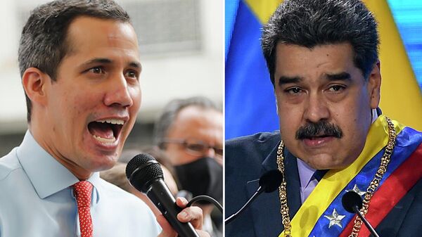 Contraposição de Juan Guaidó, autoproclamado presidente interino (à esquerda), 7 de dezembro de 2020, e Nicolás Maduro, presidente venezuelano (à direita), 22 de janeiro de 2021, respetivamente, em Caracas, Venezuela - Sputnik Brasil