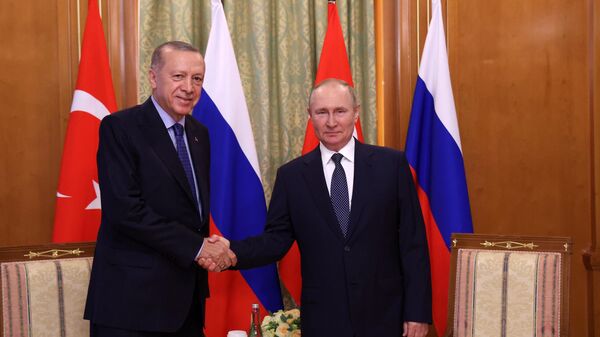 Recep Tayyip Erdogan (à esquerda) e Vladimir Putin (à direita), presidentes da Turquia e da Rússia, respetivamente, durante encontro em Sochi, na Rússia, em 5 de agosto de 2022 (foto de arquivo) - Sputnik Brasil