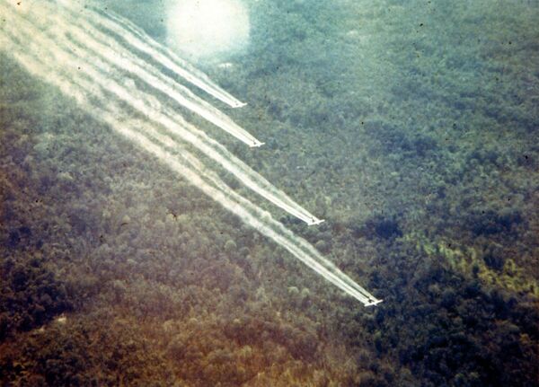 Como parte de seu programa de guerra química na operação Ranch Hand, a Força Aérea dos EUA pulverizou 77 milhões de litros do desfolhante agente laranja durante a Guerra do Vietnã. - Sputnik Brasil