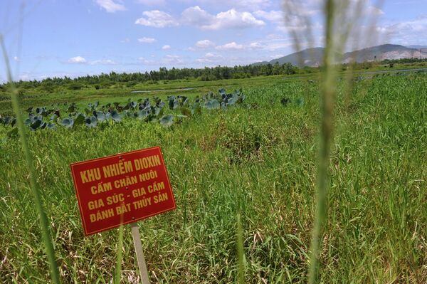 Uma placa dizendo &quot;área contaminada com dioxinas. Pecuária, criação de aves e pesca são proibidas&quot; em Ho Sen, próximo do aeroporto de Da Nang, onde havia uma base aérea norte-americana durante a guerra. - Sputnik Brasil