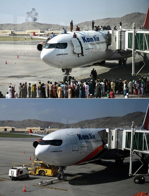 Colagem de imagens mostra acima afegãos subindo no topo de um avião enquanto esperam evacuação no aeroporto de Cabul, em 16 de agosto de 2021, e abaixo na mesma área do aeroporto fotografada em 1º de agosto de 2022. Dezenas de milhares de afegãos, mulheres e crianças correram para o aeroporto de Cabul há um ano, em uma tentativa de fugir do avanço do Talibã no país. Imagens de multidões invadindo aviões estacionados, subindo em aeronaves e alguns se agarrando a um avião de carga militar dos Estados Unidos foram transmitidas em todo o mundo. O aeroporto está agora de volta a certa normalidade, com alguns voos domésticos e internacionais em operação. - Sputnik Brasil