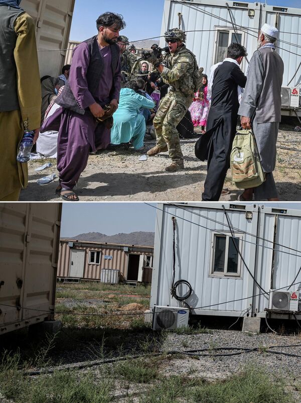Colagem de imagens mostra acima um soldado norte-americano apontando sua arma para um passageiro afegão no aeroporto de Cabul em 16 de agosto de 2021 e abaixo a mesma área do aeroporto fotografada em 1º de agosto de 2022. - Sputnik Brasil