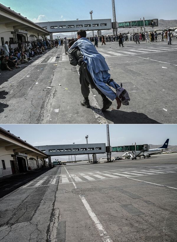 Colagem de fotos mostra acima um voluntário carregando um homem ferido no aeroporto de Cabul em 16 de agosto de 2021 e abaixo a mesma área do aeroporto fotografada em 1º de agosto de 2022. - Sputnik Brasil
