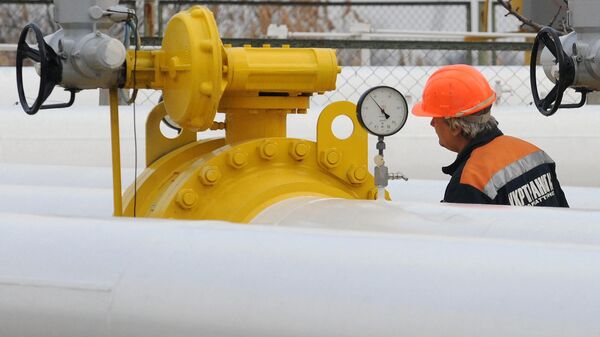 Um funcionário da estação de compressores de gás Orlovka, na região de Izmail, perto da fronteira ucraniana-romena, controla um manômetro em um gasoduto, 14 de janeiro de 2009 - Sputnik Brasil