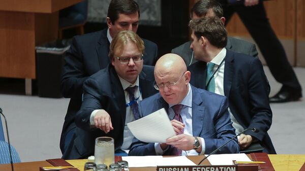 Vasily Nebenzya (com papéis na mão), embaixador russo na Organização das Nações Unidas (ONU), participa de reunião do Conselho de Segurança da ONU na sede da organização, em Nova York, nos Estados Unidos, em 10 de fevereiro de 2020 - Sputnik Brasil