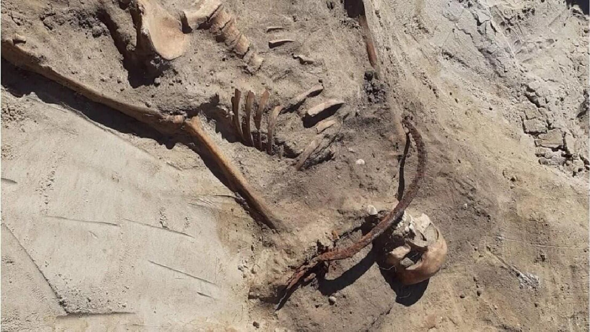 O esqueleto de uma mulher vampiro com uma foice no pescoço para que não se levantasse, bem como um cadeado no dedão do pé, foi encontrado na Polônia - Sputnik Brasil, 1920, 04.09.2022