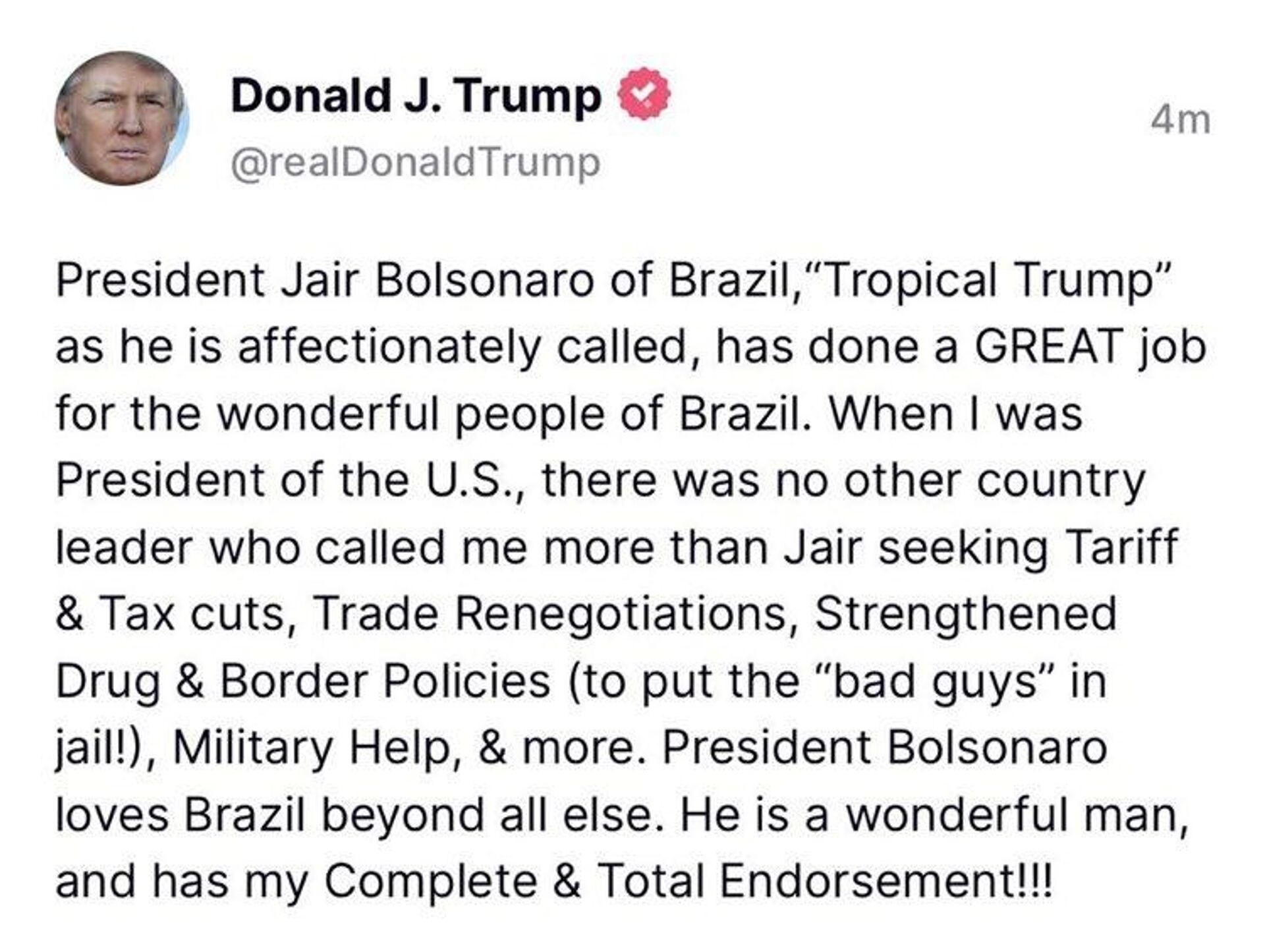 Donald Trump, ex-presidente dos EUA, manifesta apoio ao presidente Jair Bolsonaro - Sputnik Brasil, 1920, 08.09.2022