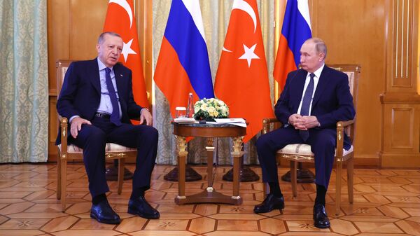 O presidente russo, Vladimir Putin (à direita), e seu colega turco, Recep Tayyip Erdogan, se reúnem em Sochi, na Rússia, em 5 de agosto de 2022 - Sputnik Brasil
