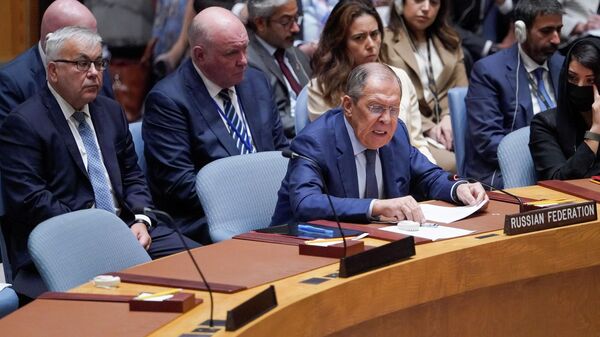 O ministro das Relações Exteriores da Rússia, Sergei Lavrov, fala durante uma reunião de alto nível do Conselho de Segurança sobre a situação na Ucrânia, em 22 de setembro de 2022 (foto de arquivo) - Sputnik Brasil