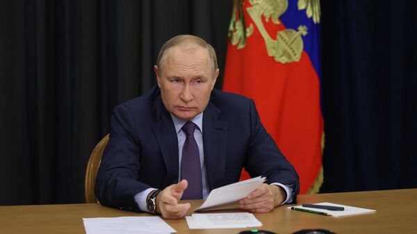 Presidente da Rússia, Vladimir Putin, durante reunião em formato de videoconferência sobre assuntos agrários, 27 de setembro de 2022 - Sputnik Brasil