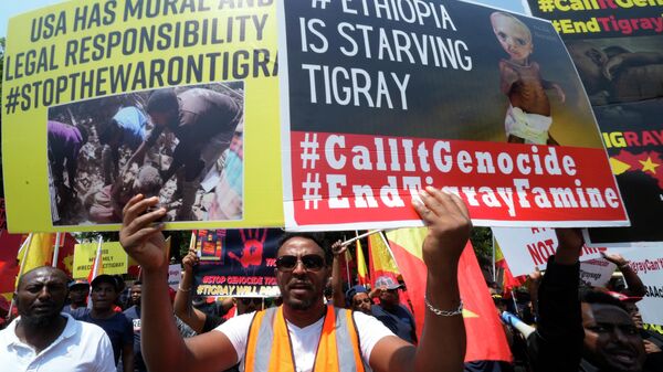 Membros da comunidade de Tigré protestam contra conflito entre a Etiópia e rebeldes de Tigré junto da embaixada dos Emirados Árabes Unidos em Pretória, África do Sul, 12 de outubro de 2022 - Sputnik Brasil