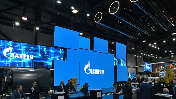 Stand da empresa estatal russa Gazprom na exposição de distribuição e utilização de gás PMGF-2022, no centro de exposições Expoforum, São Petersburgo, Rússia, foto publicada em 13 de setembro de 2022 - Sputnik Brasil