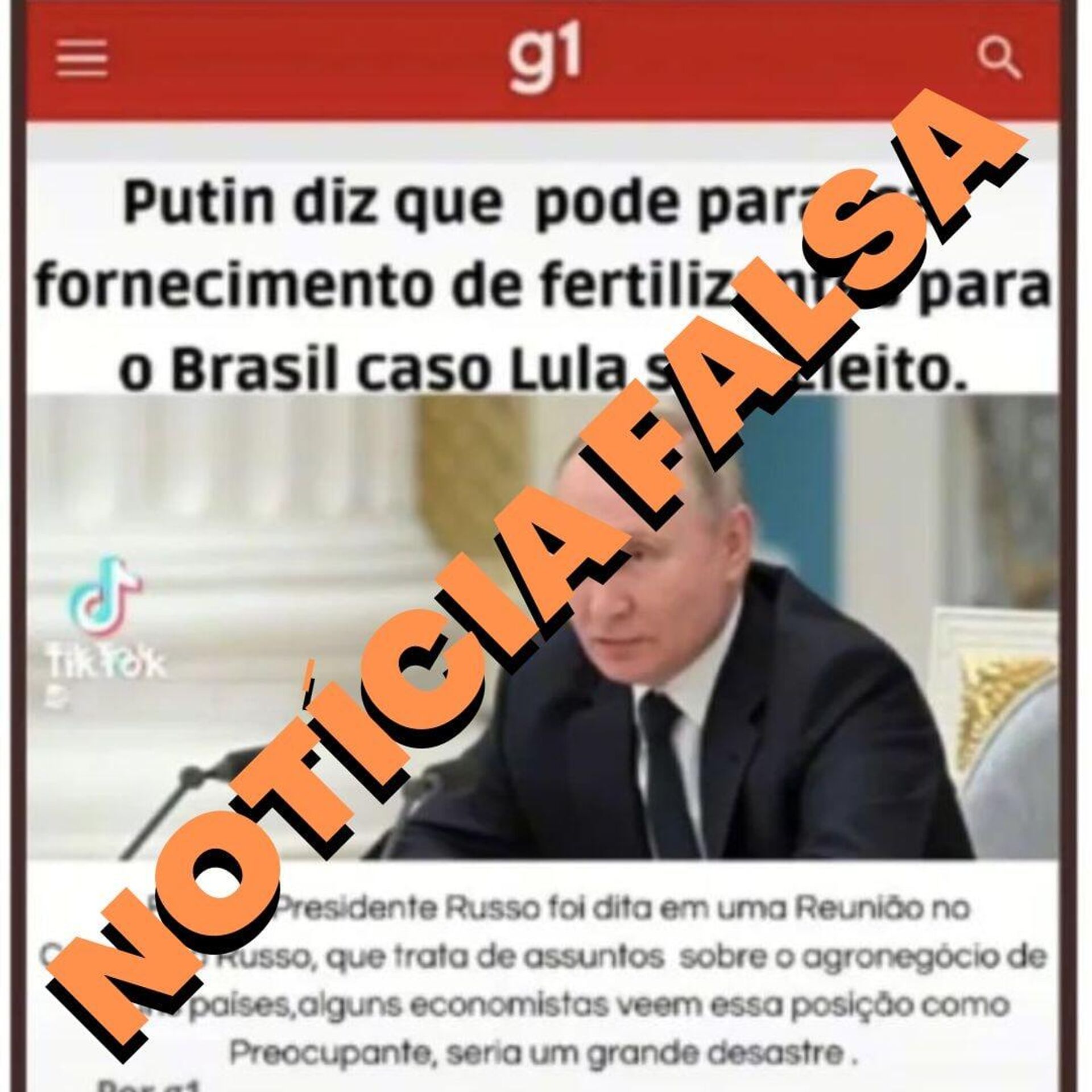 Reprodução de tela com notícia falsa sobre o presidente russo, Vladimir Putin, divulgada no contexto das eleições brasileiras de 2022 - Sputnik Brasil, 1920, 19.10.2022