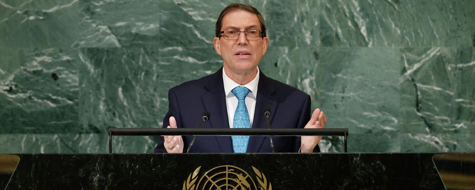 O ministro das Relações Exteriores de Cuba, Bruno Rodríguez Parrilla, discursa na 77ª sessão da Assembleia Geral das Nações Unidas, na sede da ONU, 21 de setembro de 2022 - Sputnik Brasil, 1920, 19.10.2022