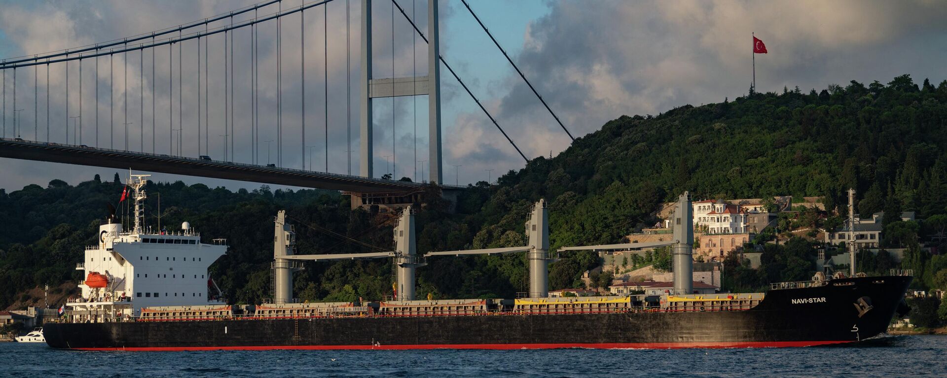 O navio graneleiro Navi Star, com bandeira do Panamá, transportando toneladas de grãos da Ucrânia navega ao longo do Estreito de Bósforo, passando por Istambul em 7 de agosto de 2022 - Sputnik Brasil, 1920, 31.10.2022