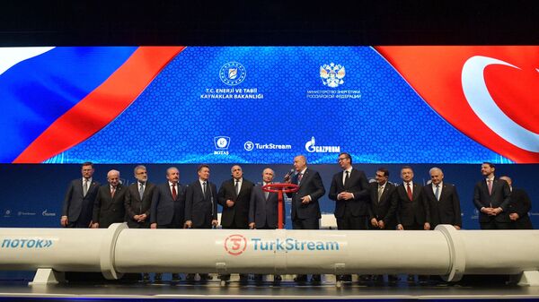 O primeiro-ministro búlgaro Boyko Borisov, o presidente russo Vladimir Putin, o presidente turco Recep Tayyip Erdogan, o presidente sérvio Aleksandar Vucic e outras autoridades participam de uma cerimônia de inauguração de um novo gasoduto TurkStream, em Istambul, 8 de janeiro de 2020 - Sputnik Brasil