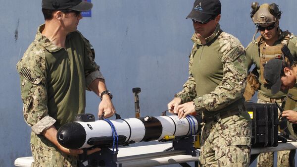 Especialistas em descarte carregam um drone submarino durante os exercícios militares trilaterais Cut Away 2016 (foto de arquivo) - Sputnik Brasil