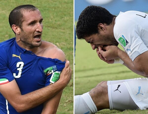 Estas duas fotos mostram o zagueiro italiano, Giorgio Chiellini (à esquerda), mostrando uma aparente marca de mordida, e o atacante Luis Suárez (à direita), segurando seu dente depois do incidente durante uma partida válida do Grupo D entre Itália e Uruguai na Copa do Mundo de 2014. - Sputnik Brasil