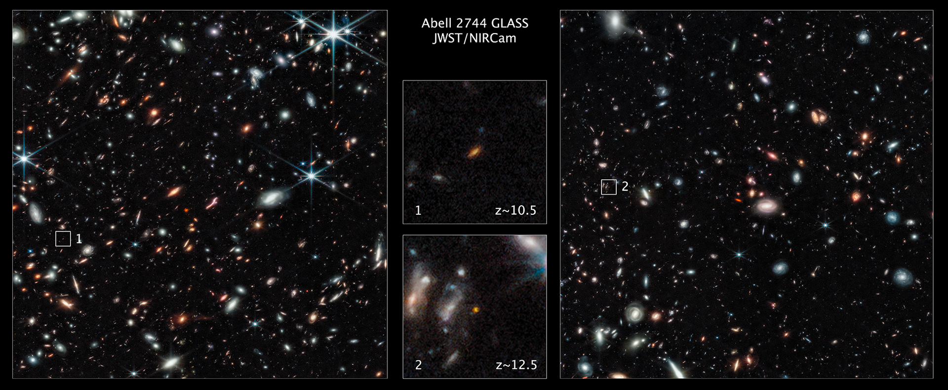 Mapas do aglomerado de galáxias Abell 2744. A galáxia marcada como 1 existia 450 milhões de anos após o Big Bang, enquanto a galáxia marcada como 2 existia há 350 milhões de anos após o Big Bang. Ambas tem um tamanho inferior a 5% ao da nossa galáxia Via Láctea - Sputnik Brasil, 1920, 18.11.2022